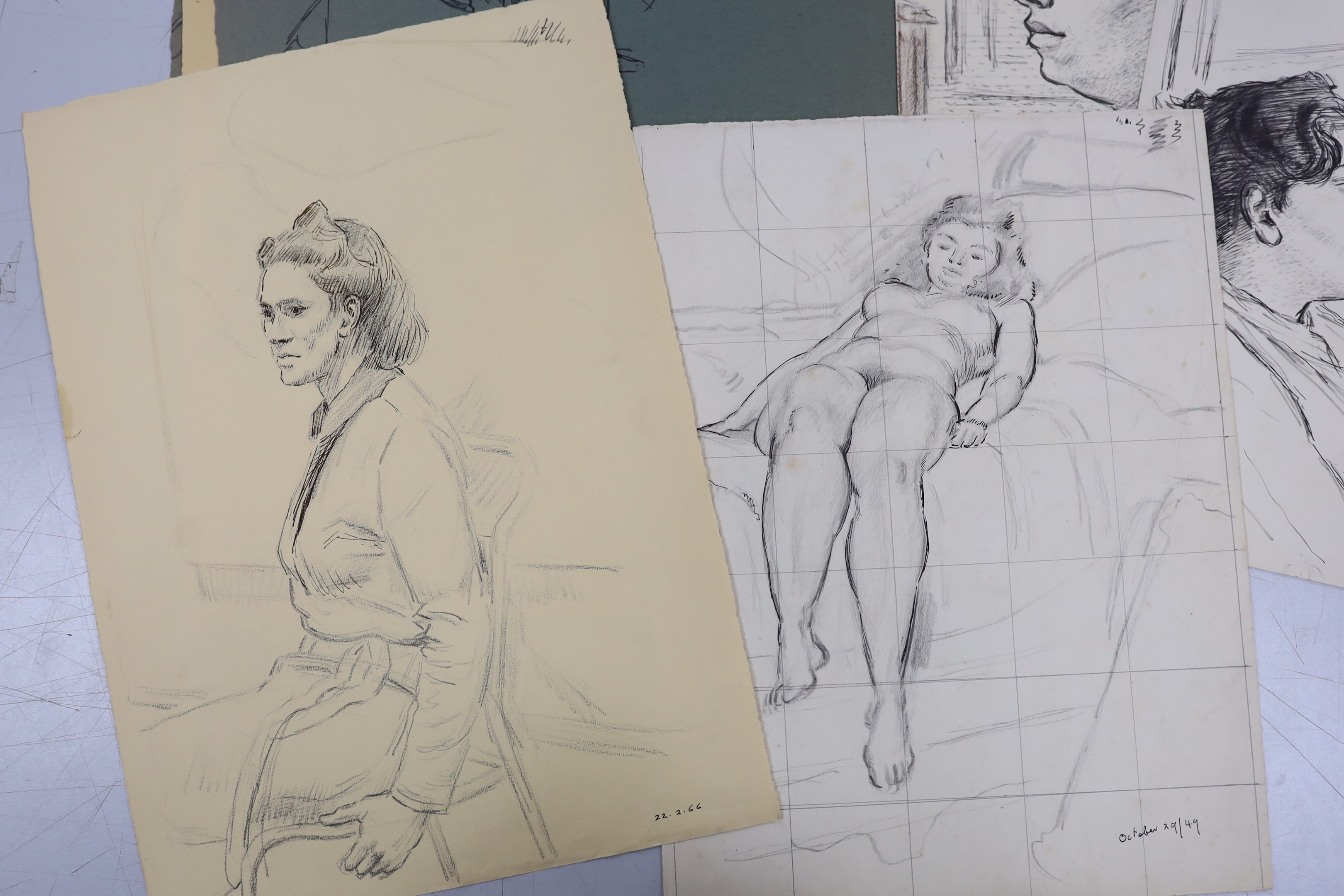 Clifford Hall (1904-1973), a collection of fourteen pencil and ink sketches on paper, figural studies and landscapes, some inscribed and dated, unframed, largest 42 x 31cm